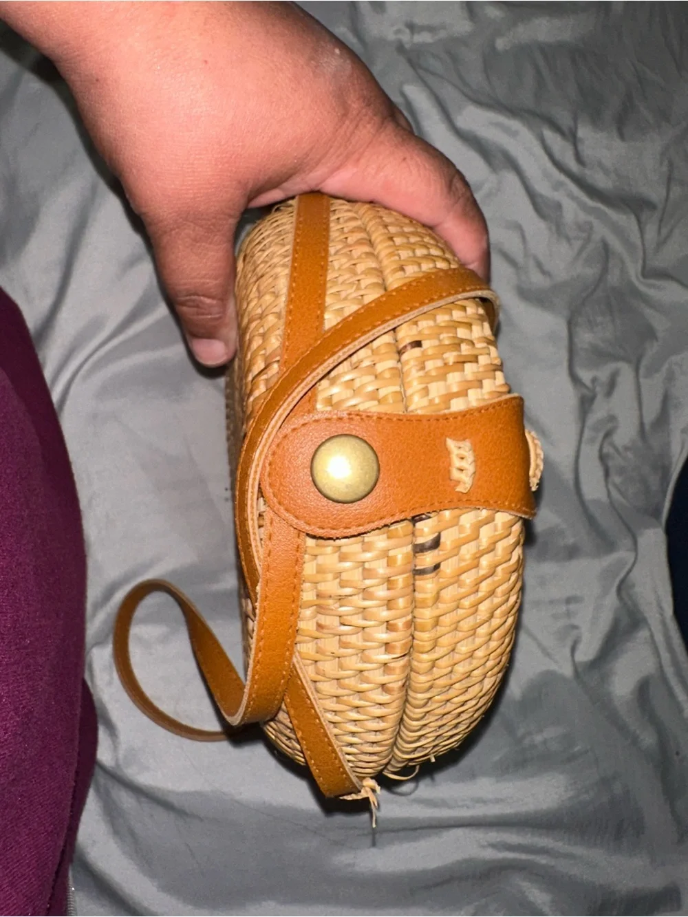 Round Woven Rattan Crossbody Bag in Natural Brown